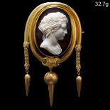 VICTORIAN HARDSTONE CAMEO TASSEL BROOCH