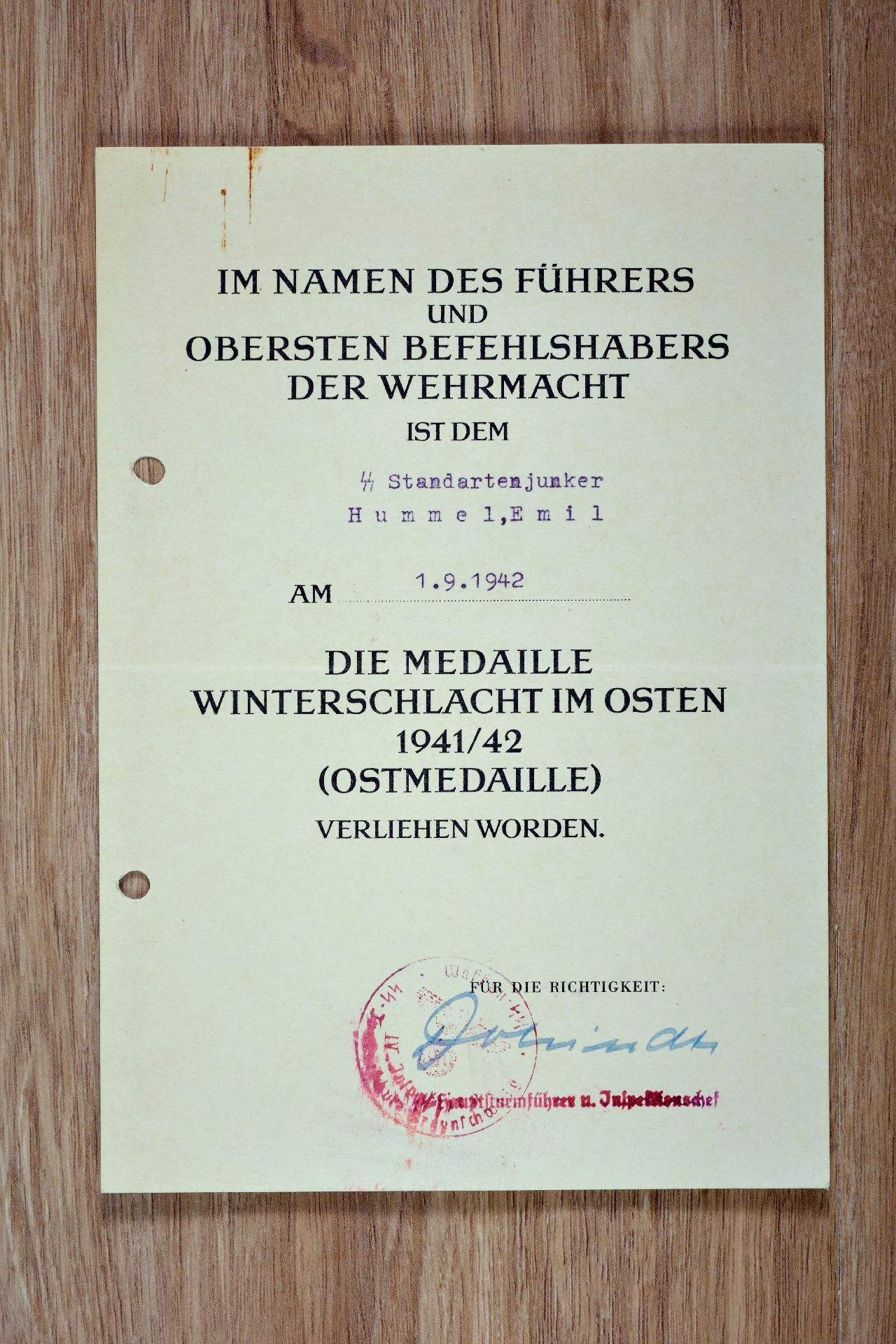 Waffen SS : Urkundengruppe des SS - Untersturmführers Erich Hummel, SS - Flak Abt. Ost, Freiwill... - Bild 7 aus 19