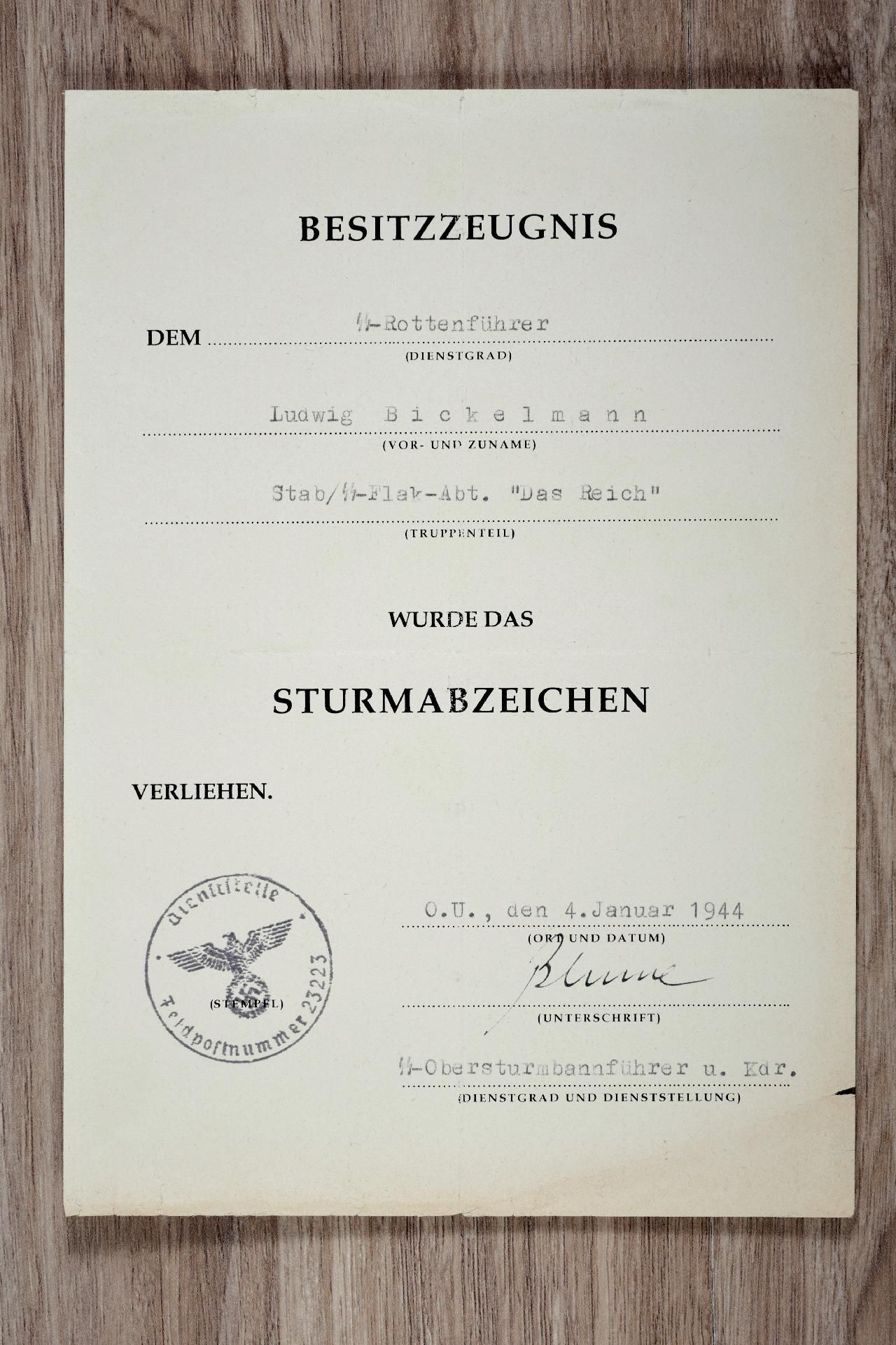 Allgemeine SS : Urkundengruppe SS - Rottenführer Bickelmann, Division "Das Reich" und "RFSS". - Bild 4 aus 7