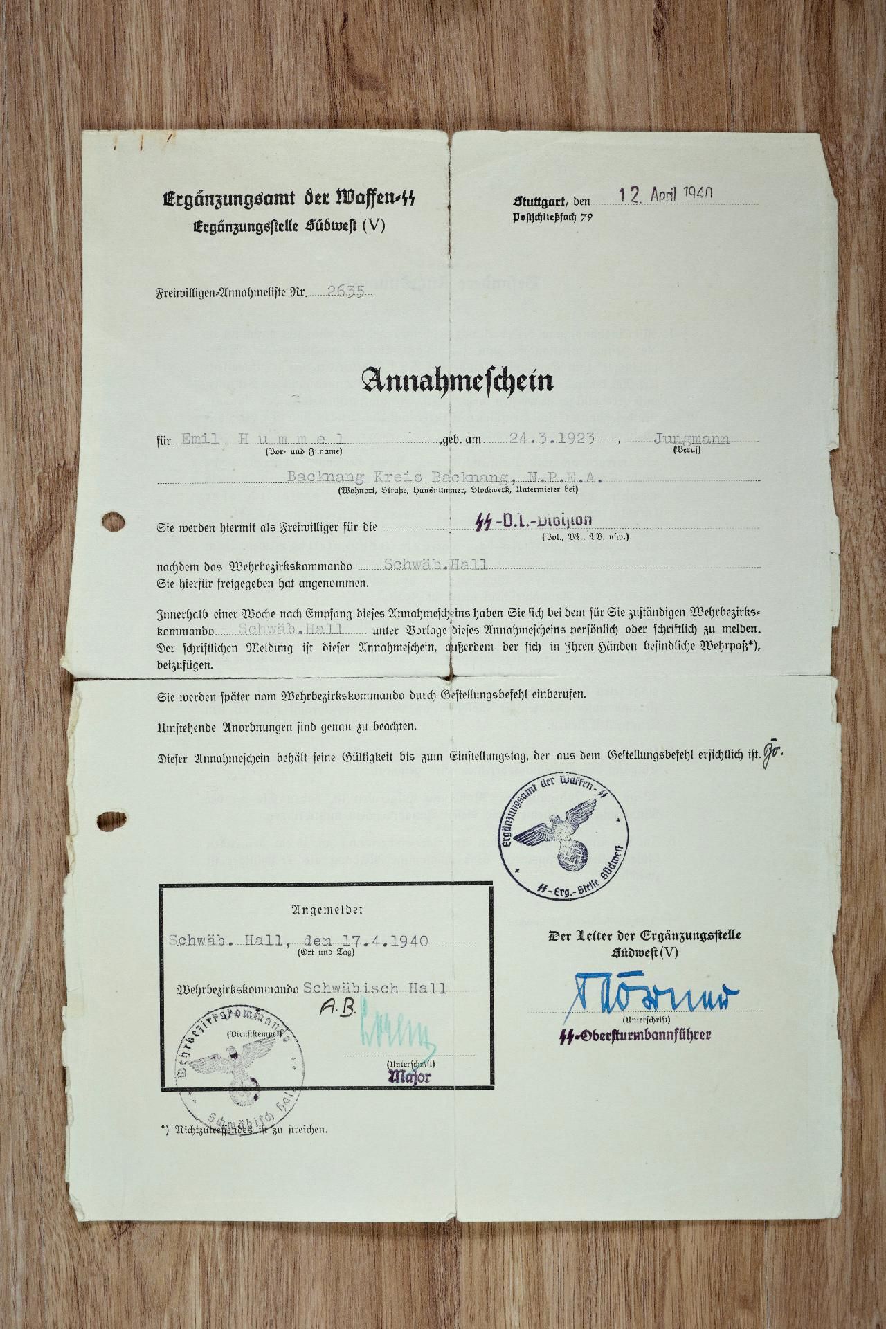 Waffen SS : Urkundengruppe des SS - Untersturmführers Erich Hummel, SS - Flak Abt. Ost, Freiwill... - Bild 4 aus 19