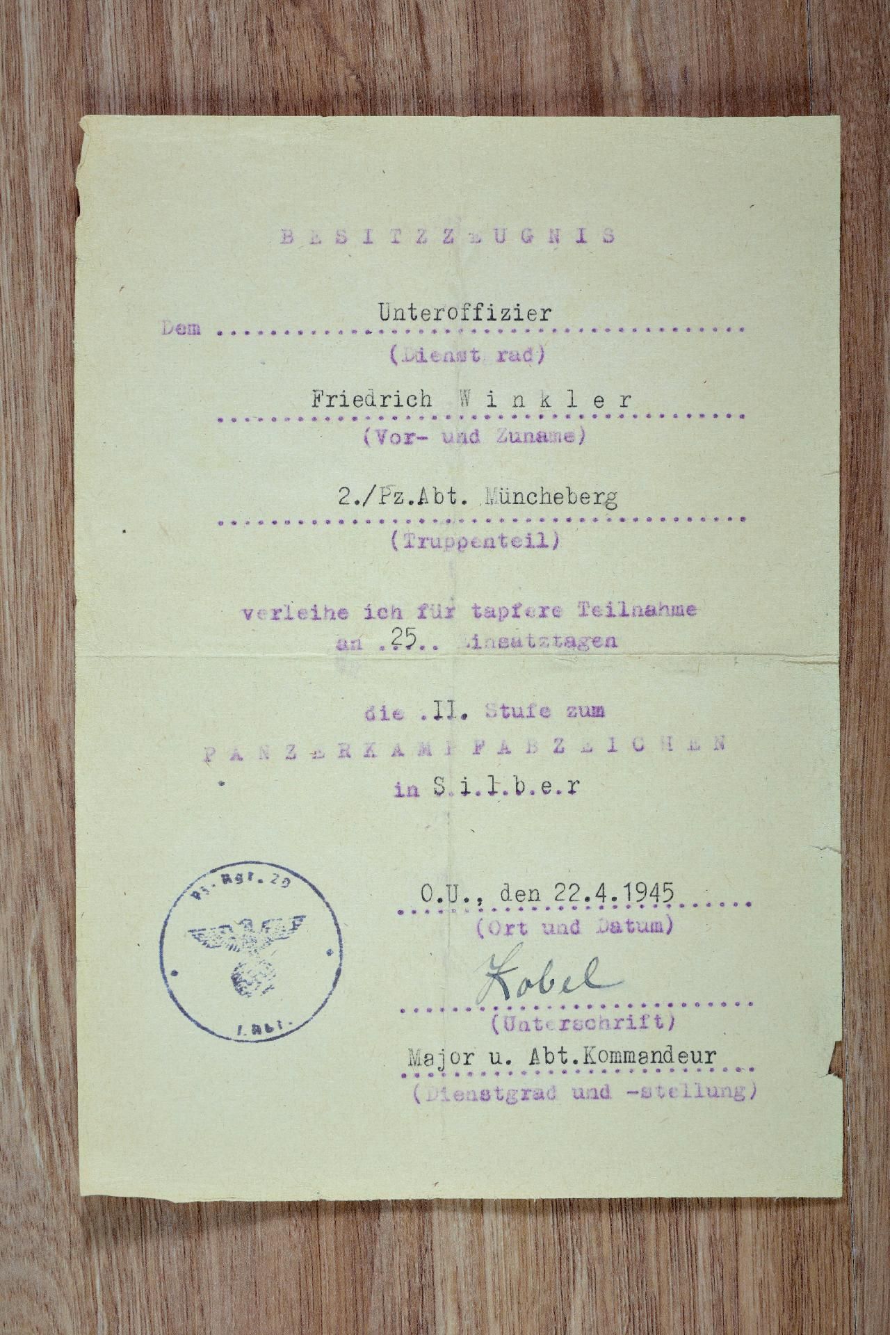 Panzertruppe : Urkundengruppe des Unteroffiziers Friedrich Winkler, Panzer Regiment 29, Panzer A... - Bild 6 aus 6