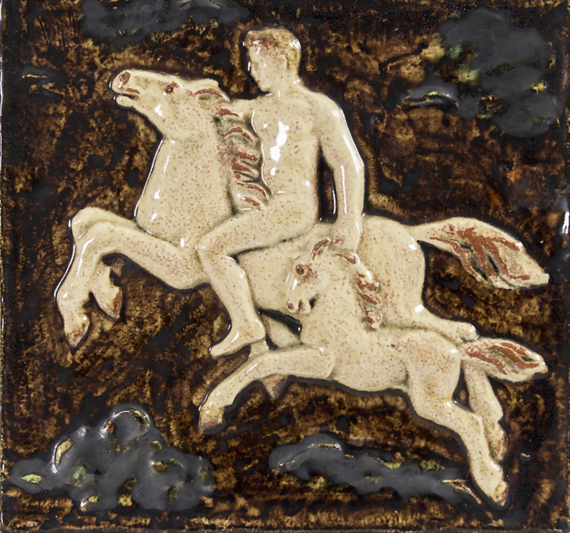 Wandfliese 'Ausritt mit Fohlen' / A wall tile 'Ride with a foal', Karlsruher Majolika, um 1960