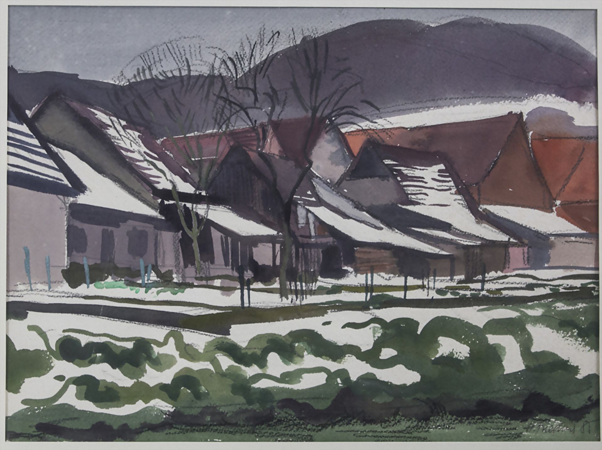 Heinz Friedrich (1924-2018), 'Pfälzer Gehöft im Winter' / 'A Palatinate homestead in ...