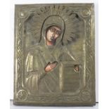 Russisch-orthodoxe Ikone mit Oklad 'Mutter Gottes' / A Russian Orthodox icon with oklad ...