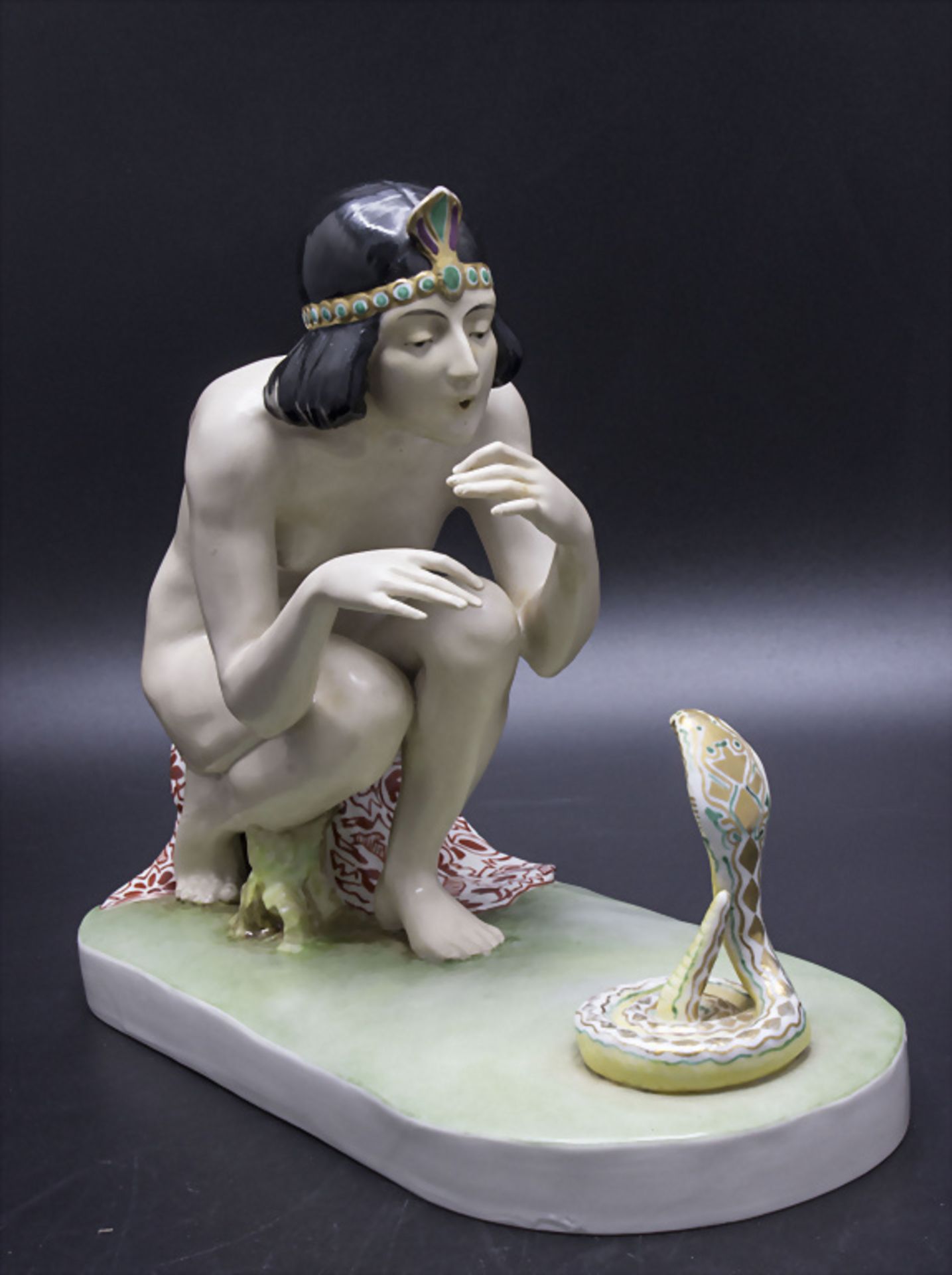 Jugendstil Figur 'Schlangenbeschwörerin' / A nude female snake charmer, Berthold Boess, Karl ...
