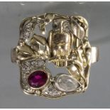 Damenring / A ladies 14ct gold ring with diamond and ruby, um 1930