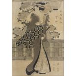 Japan-Holzschnitt einer Geisha mit Chrysanthemen / A Japanese woodcut showing a geisha with ...