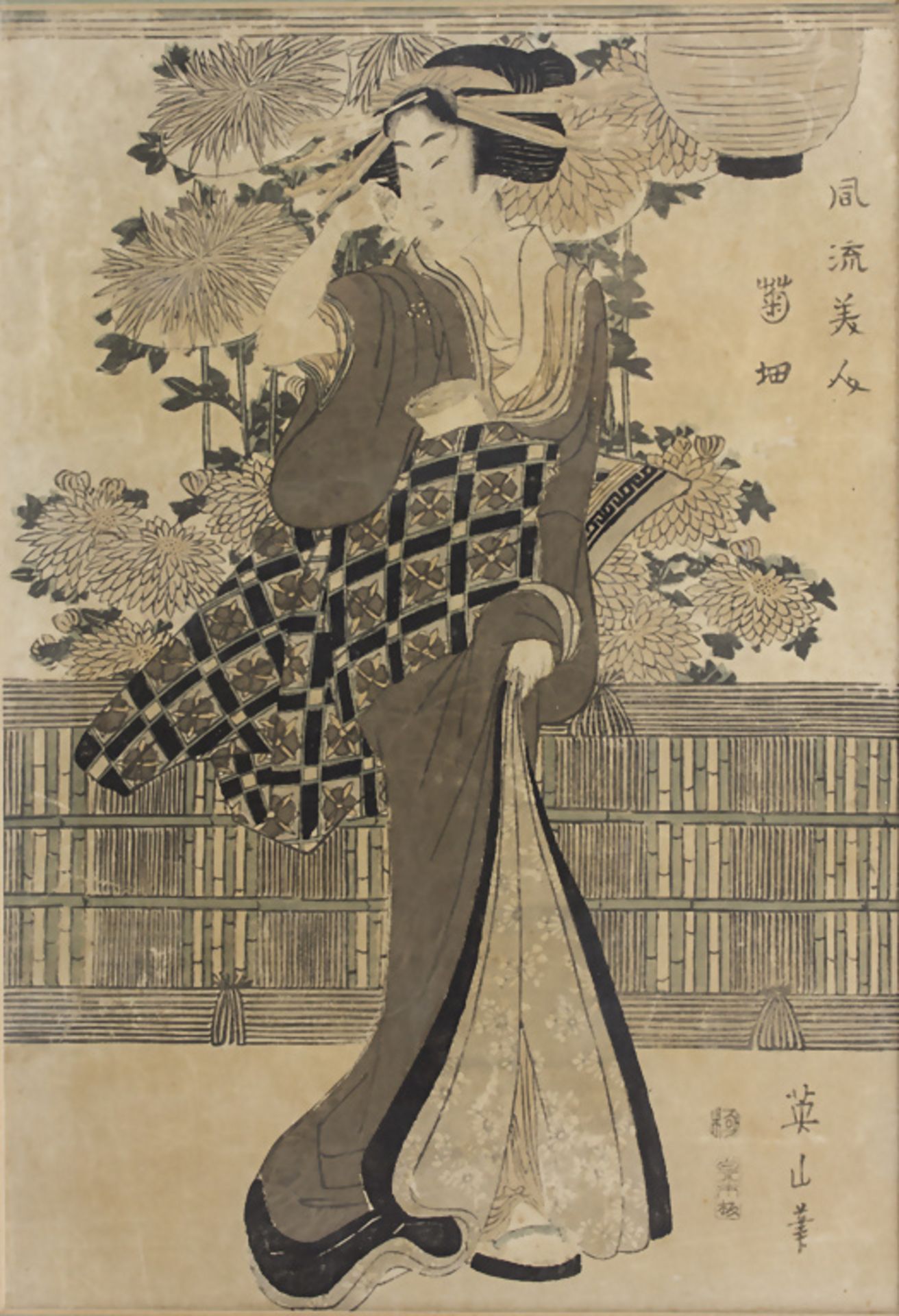 Japan-Holzschnitt einer Geisha mit Chrysanthemen / A Japanese woodcut showing a geisha with ...