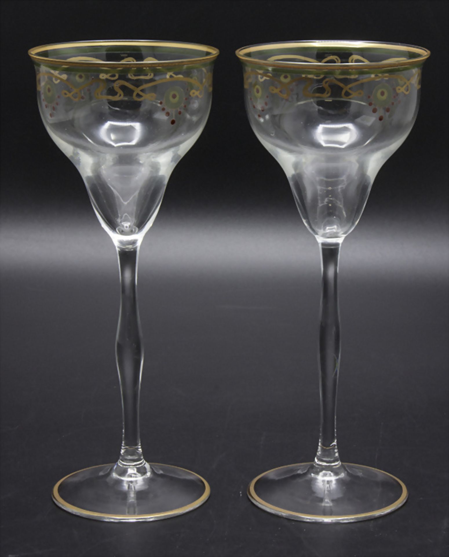 Paar Jugendstil Wein-/Stengelgläser / A pair of Art Nouveau wine glasses, Theresienthaler ...