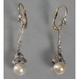 Paar Jugendstil Ohranhänger / A pair of 14ct Art Nouveau gold earrings with pearls and ...