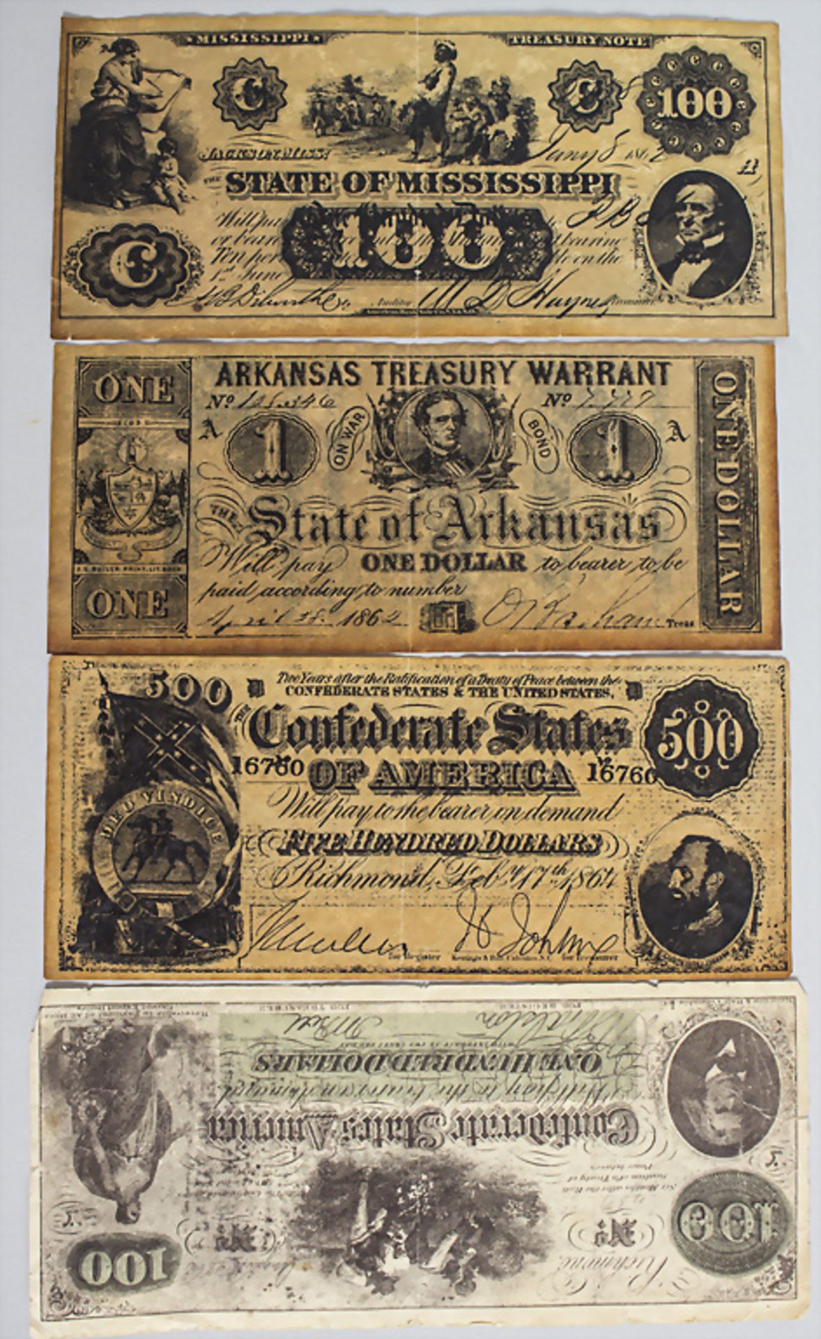4 Dollarscheine / 4 dollar notes, datiert 1862-1864