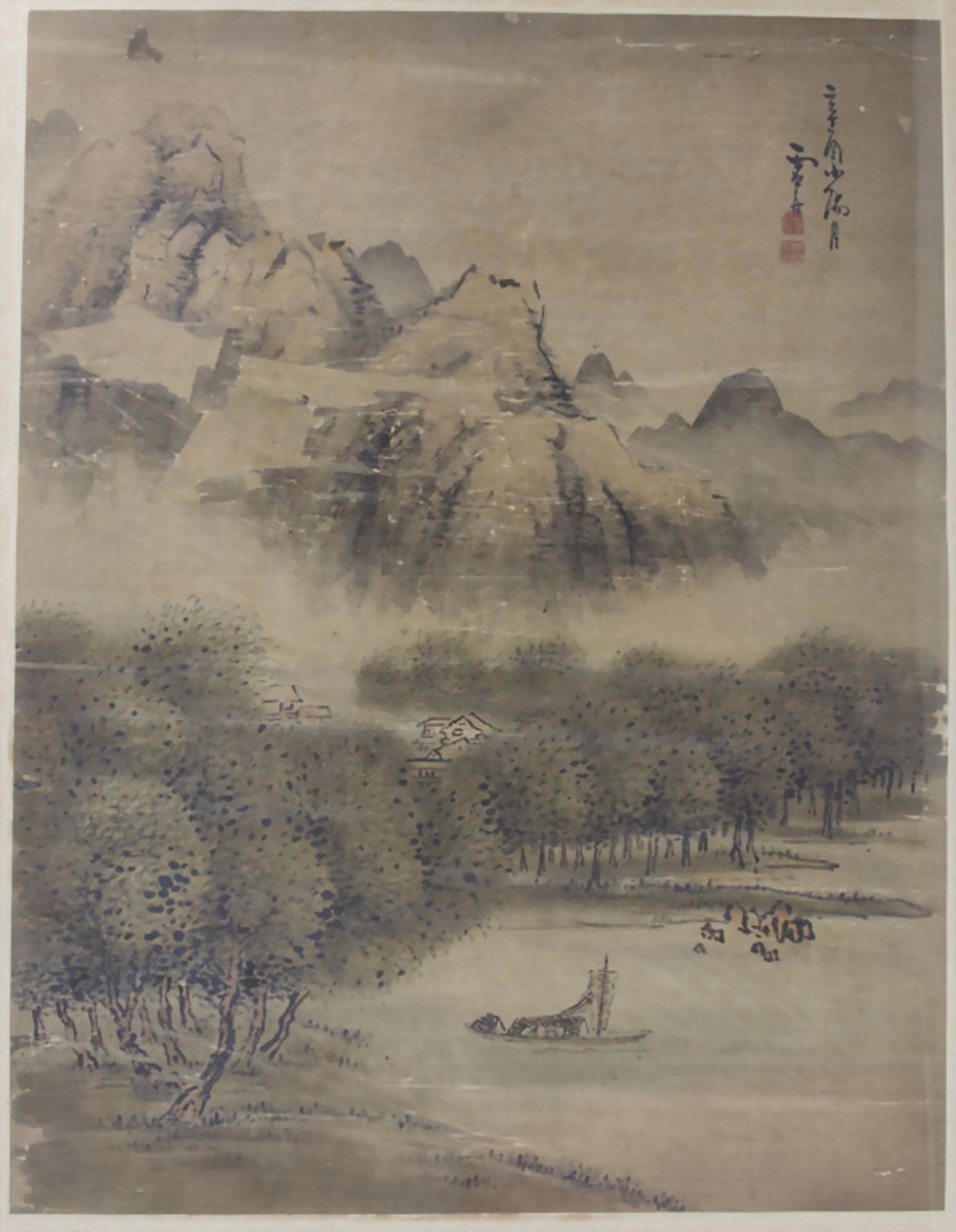 Feine Stoffmalerei 'Landschaft mit See' / A painting on fabric 'landcape with lake', China, ...