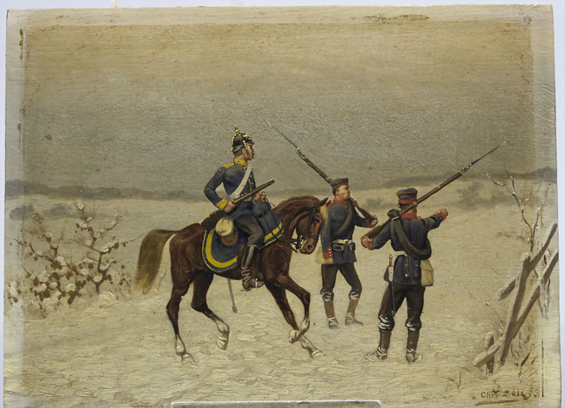 Christian Sell (1831-1883), 'Heerkavallerist mit zwei Lanzierern' / 'An army cavalryman with ...