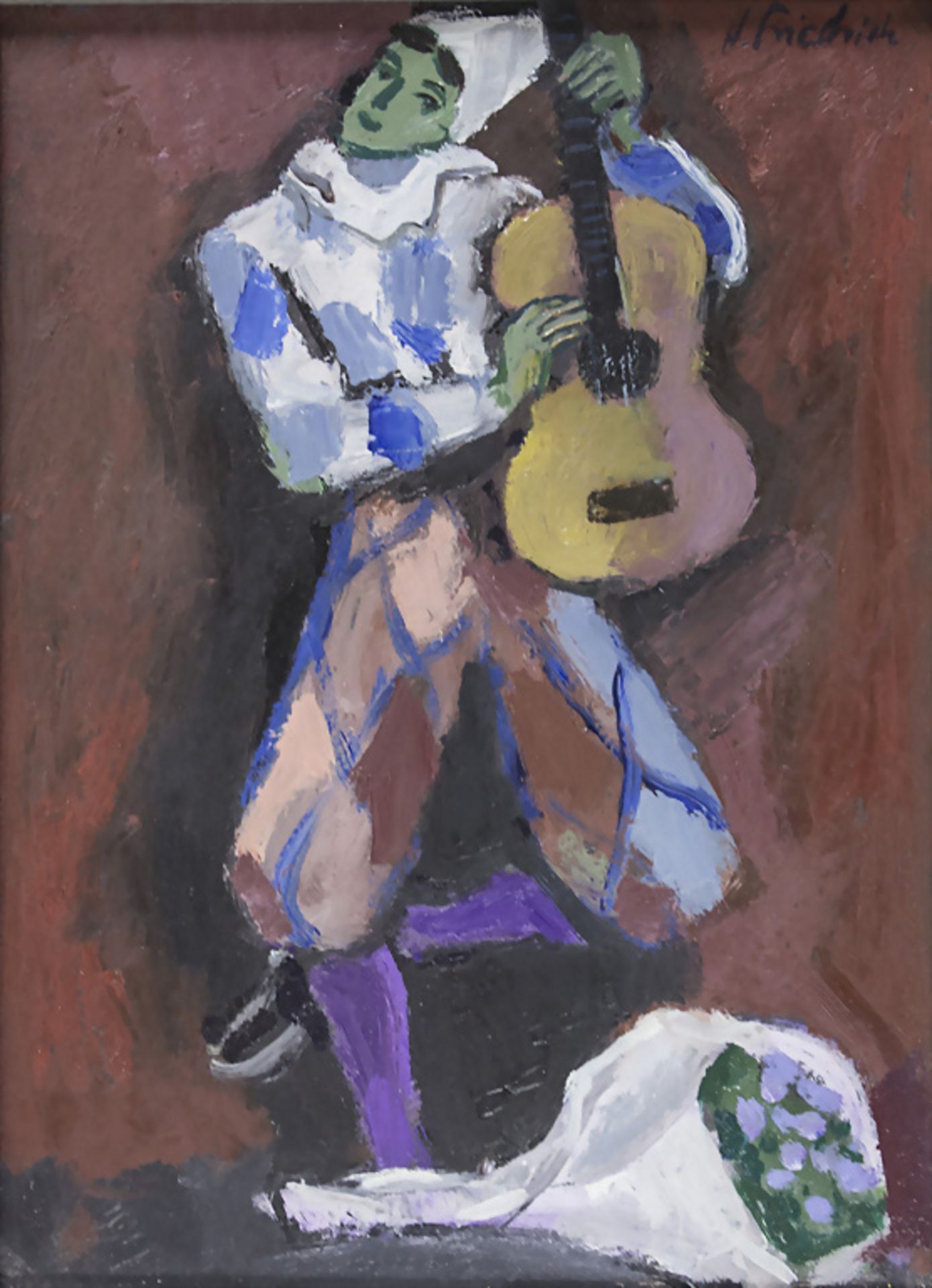 Heinz Friedrich (1924-2018), 'Pierrot mit Gitarre auf der Bühne' / 'A harlequin with a guitar ...