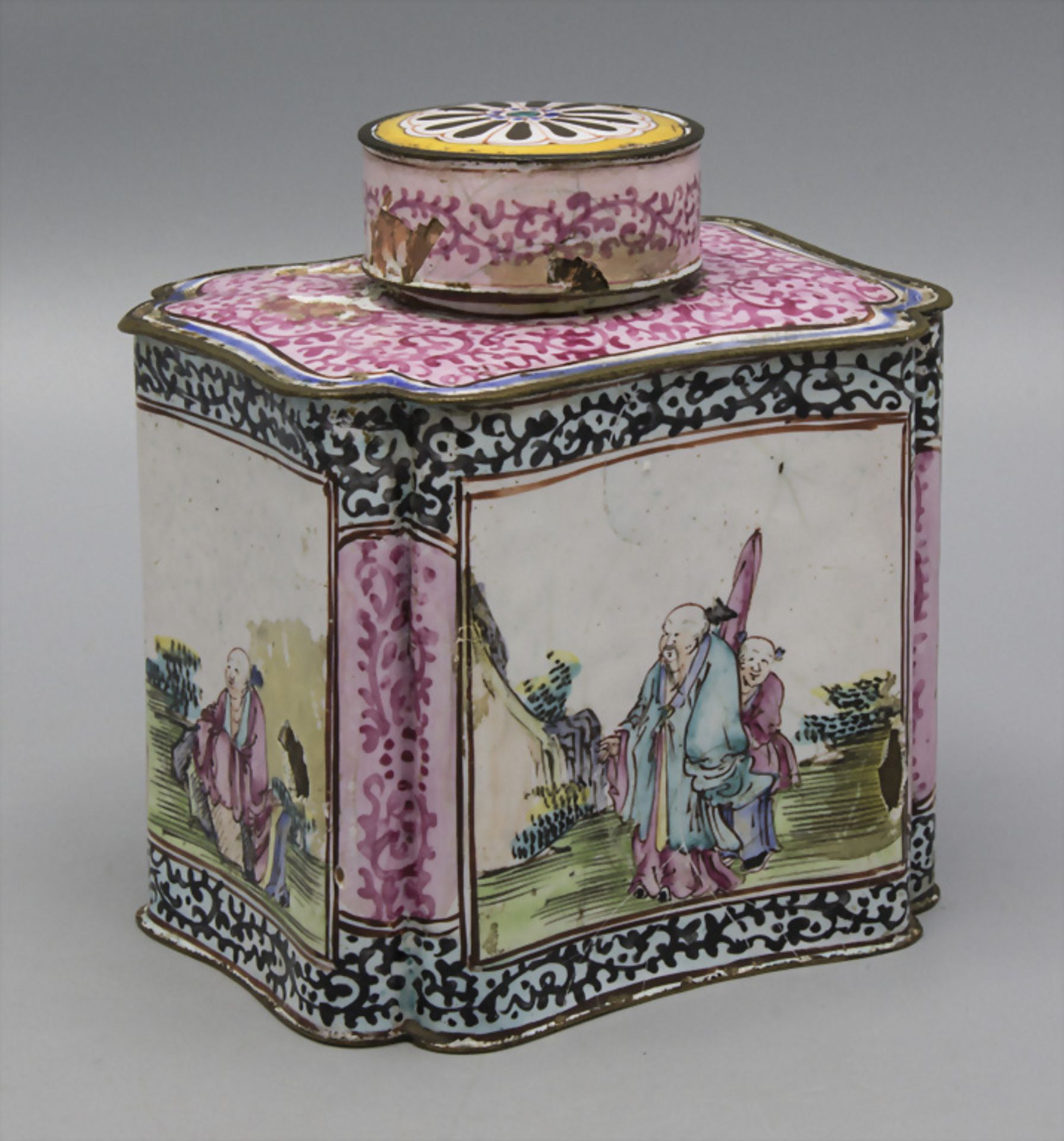 Canton-Email-Teedose / A Canton enamelled tea caddy, China, Qing Dynastie (1644-1911), 18./19. Jh.