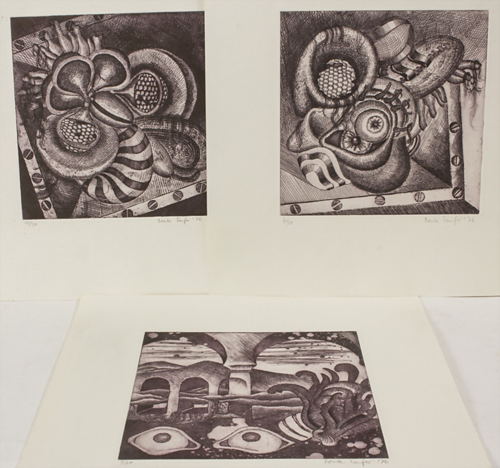 Beate Taufer (20. Jh.), 3 Radierungen 'Ohne Titel' / Three etchings 'Untitled', 1976