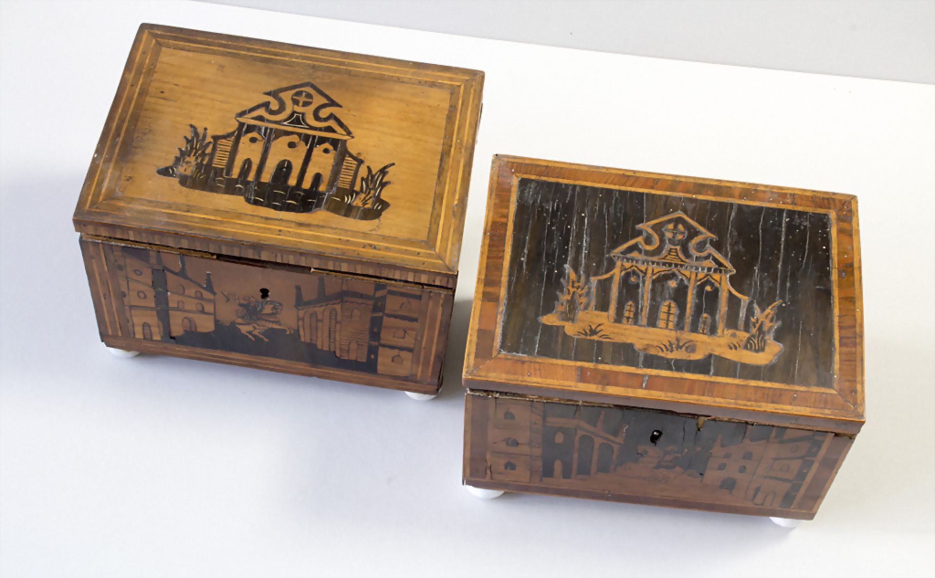 Paar Holzschatullen / Two fruitwood caskets with marquetry, Bayern, 19. Jh.