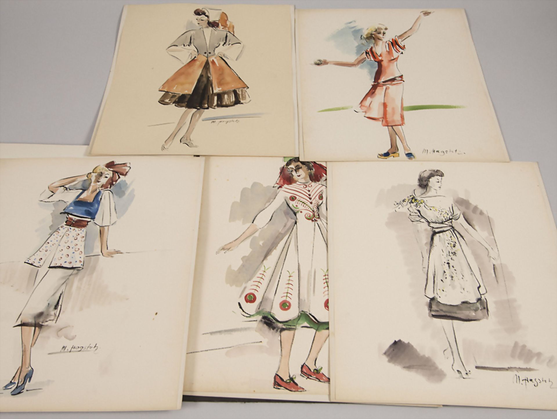 Magda Hagstotz (1914-2001), 5 Blätter kolorierte Modezeichnungen / 5 sheets coloured fashion ...