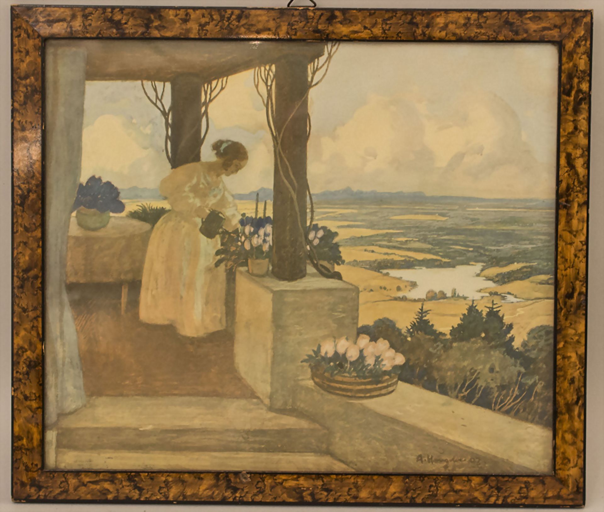 A. Hengler, 'Blumengießende Dame auf Balkon' / 'A lady on a balcony watering the flowers', 1907