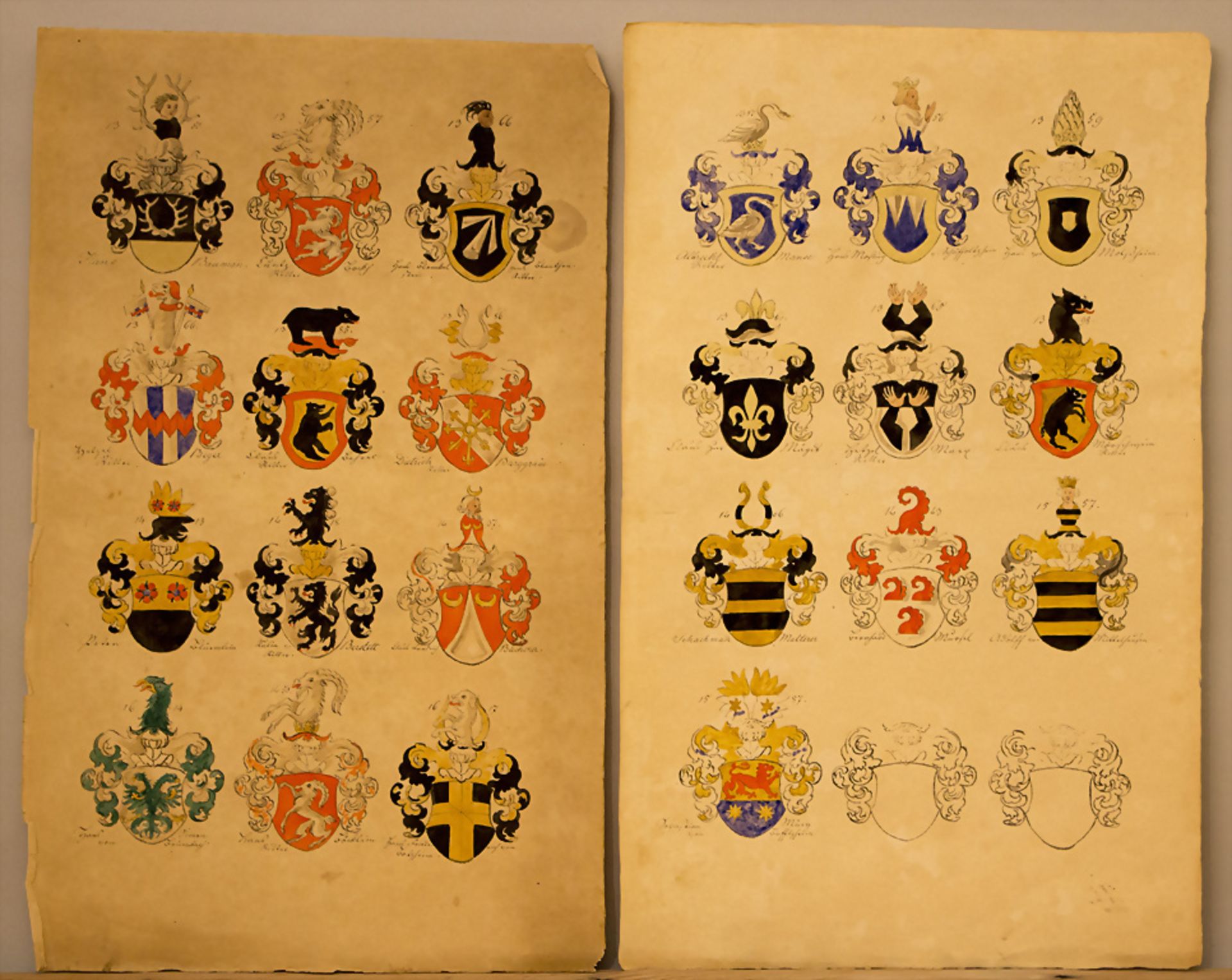 Konvolut 99 Wappenmalbögen / A set of 99 sheets of coat of arms templates for drawing, 19.Jh.