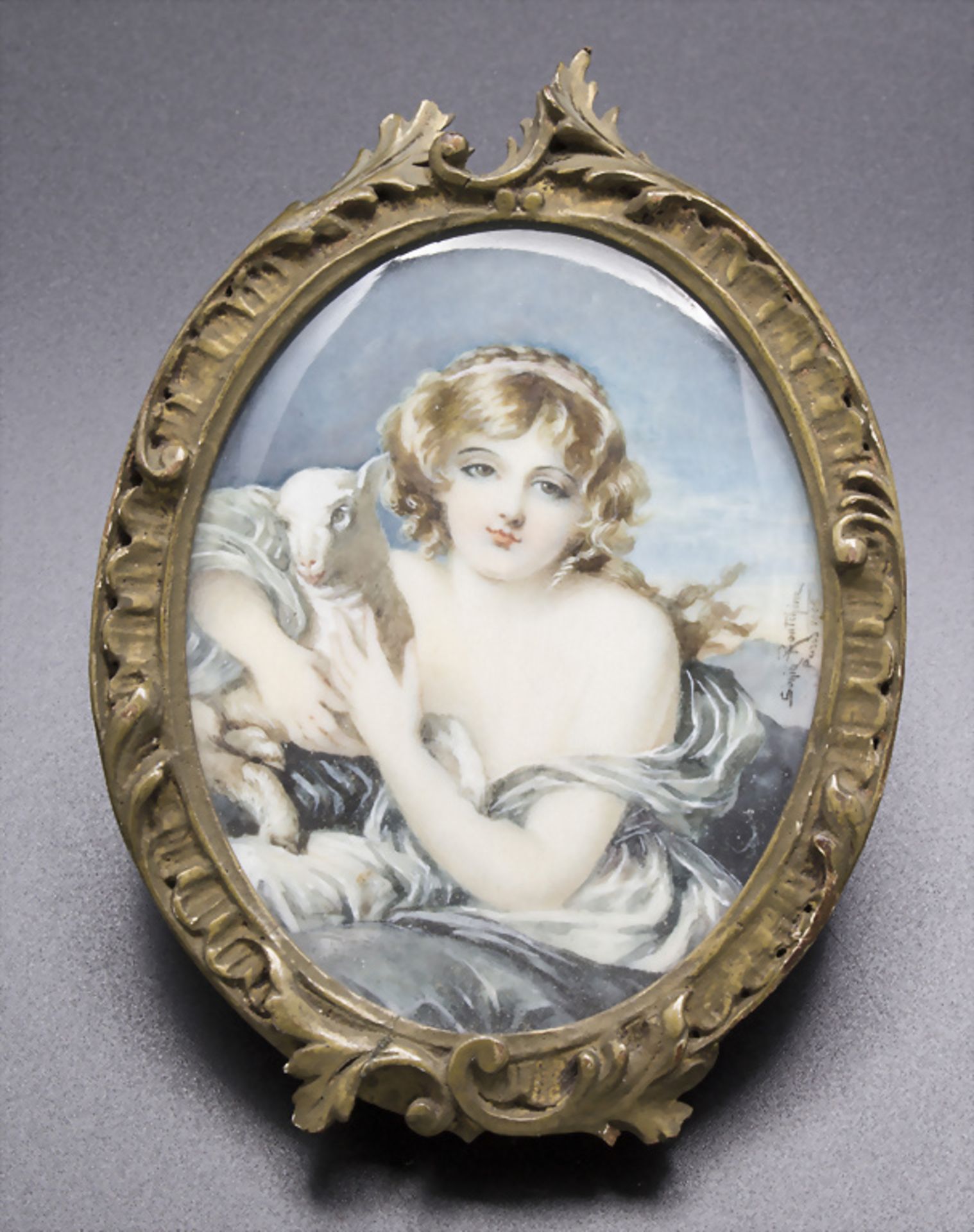 Miniatur Porträt eines Mädchens mit Lamm / A miniature portrait of a young lady with a lamb, ...