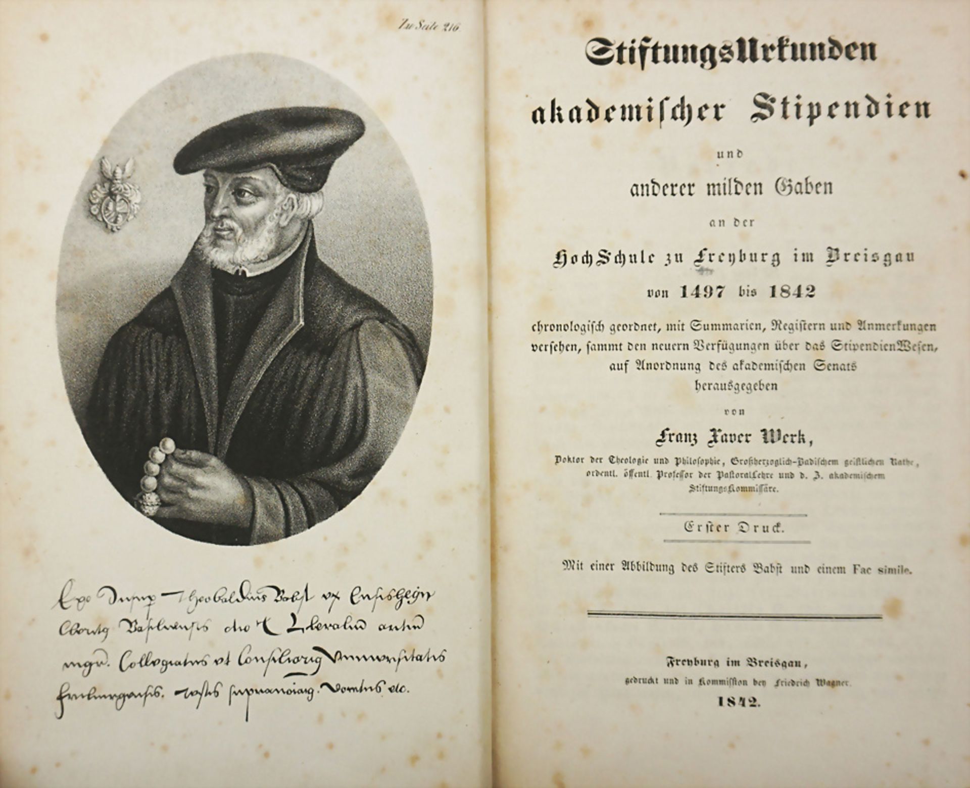 Studentika, Fr. Xaver Werk: Stiftungsurkunden akademischer Stipendien', Freiburg 1842