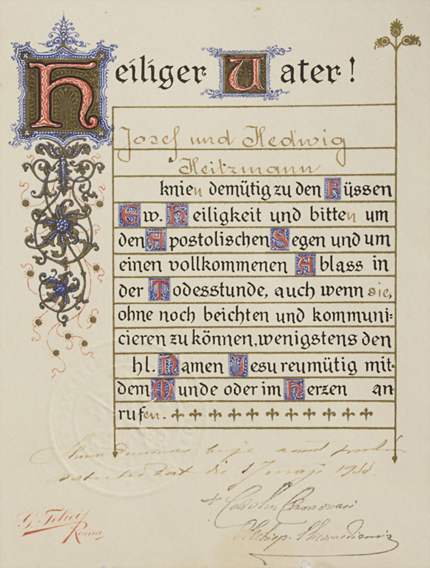 Autograph, Bittschreiben um Apostolischen Segen an den Papst von Johann und Hedwig Heitzmann - Image 3 of 3