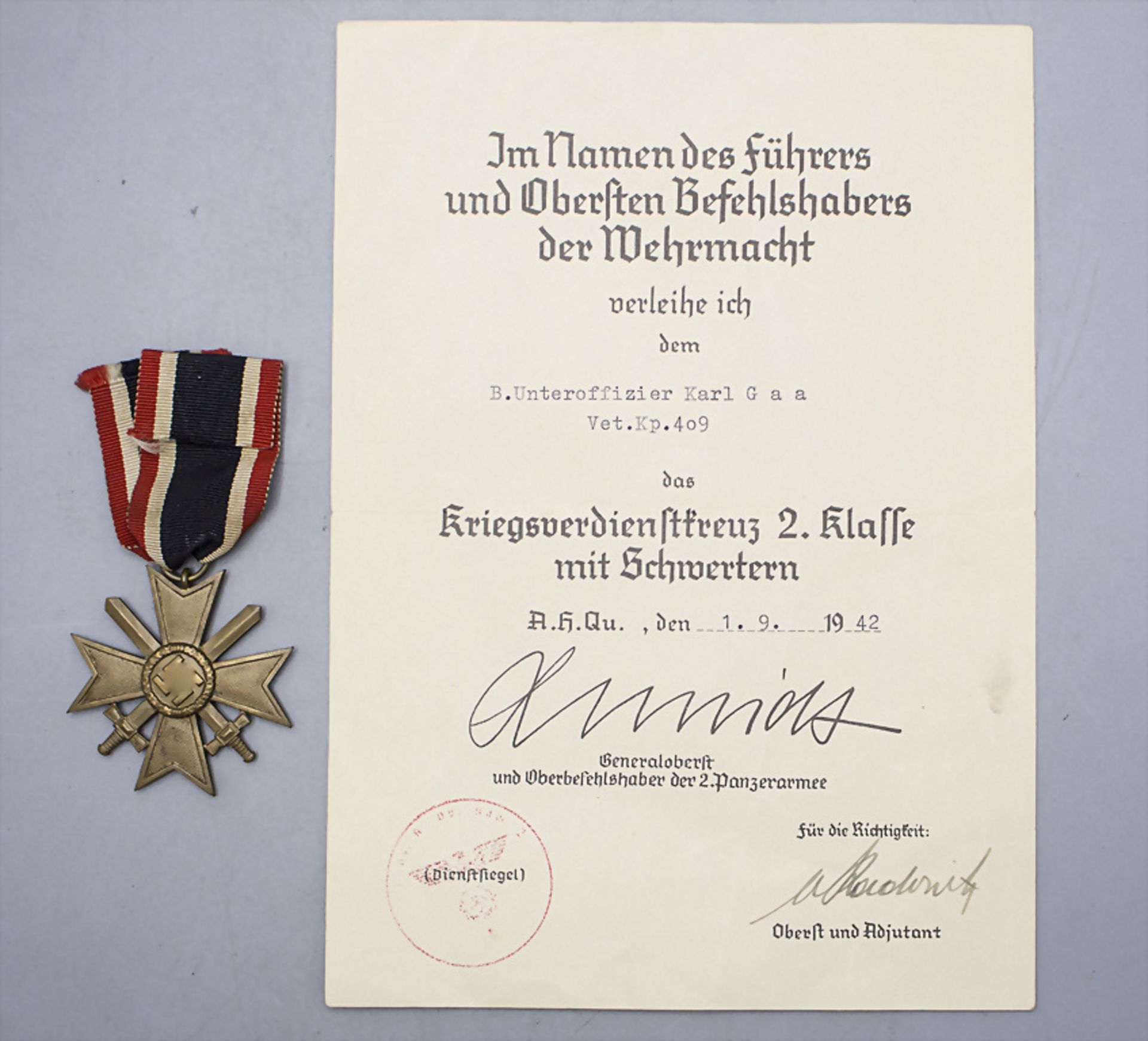 Kriegsverdienstkreuz 2. Klasse mit Schwertern mit Urkunde / An order with certificate, Drittes ...