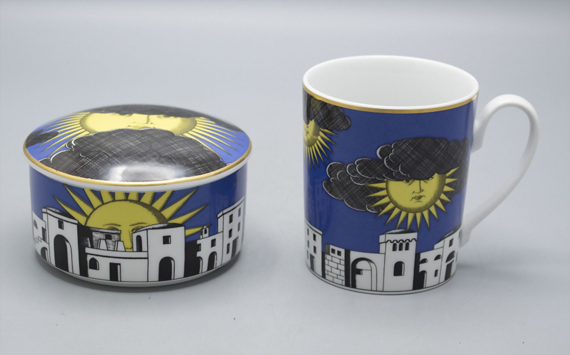 Deckeldose und Becher 'Il Sole di Capri' / A lidded box and a mug, Piero Fornasetti, ...