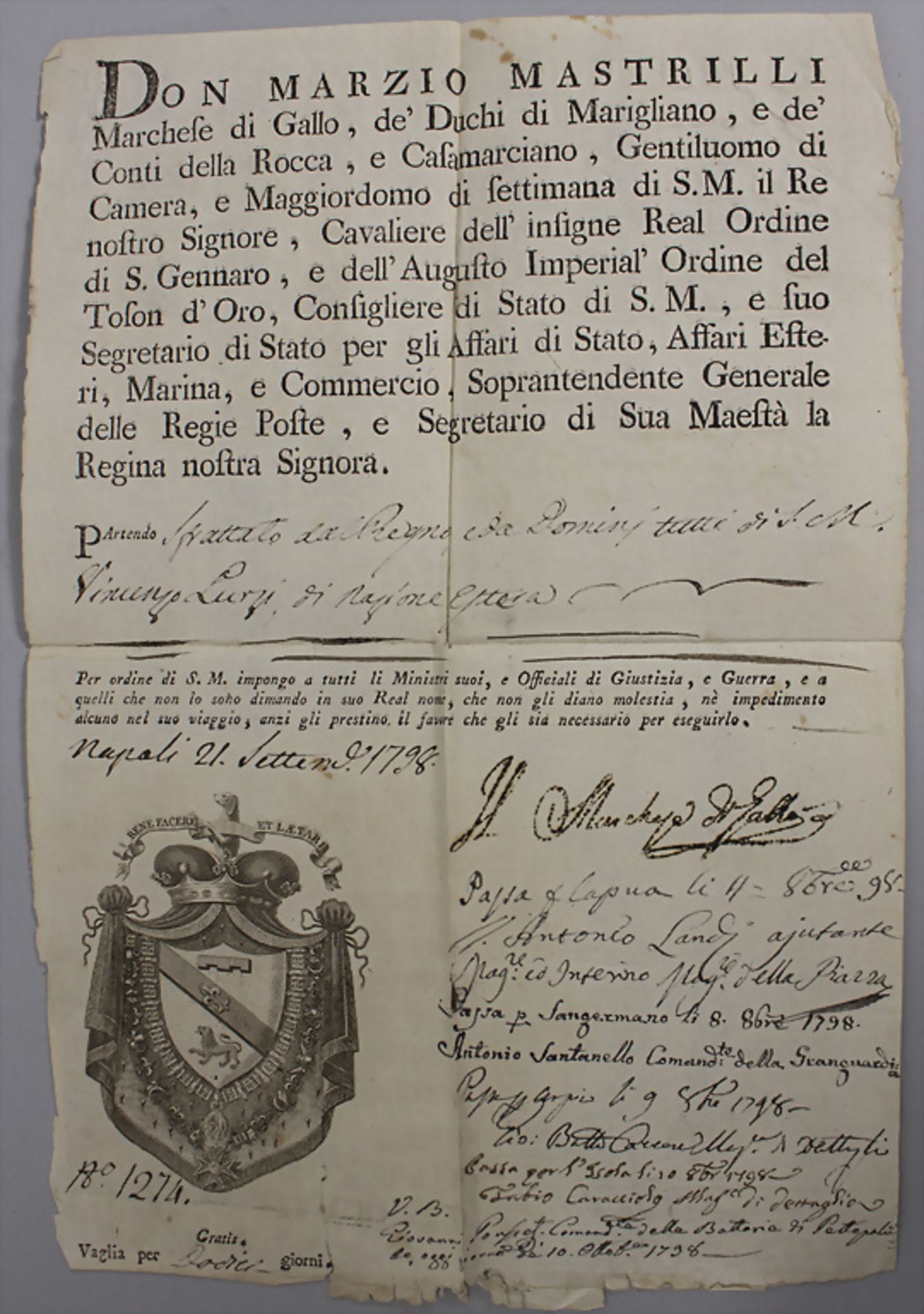 Reisebrief von Don Marzio Mastrilli / A travel letter from Don Marzilio Mastrilli, Neapel, 1798