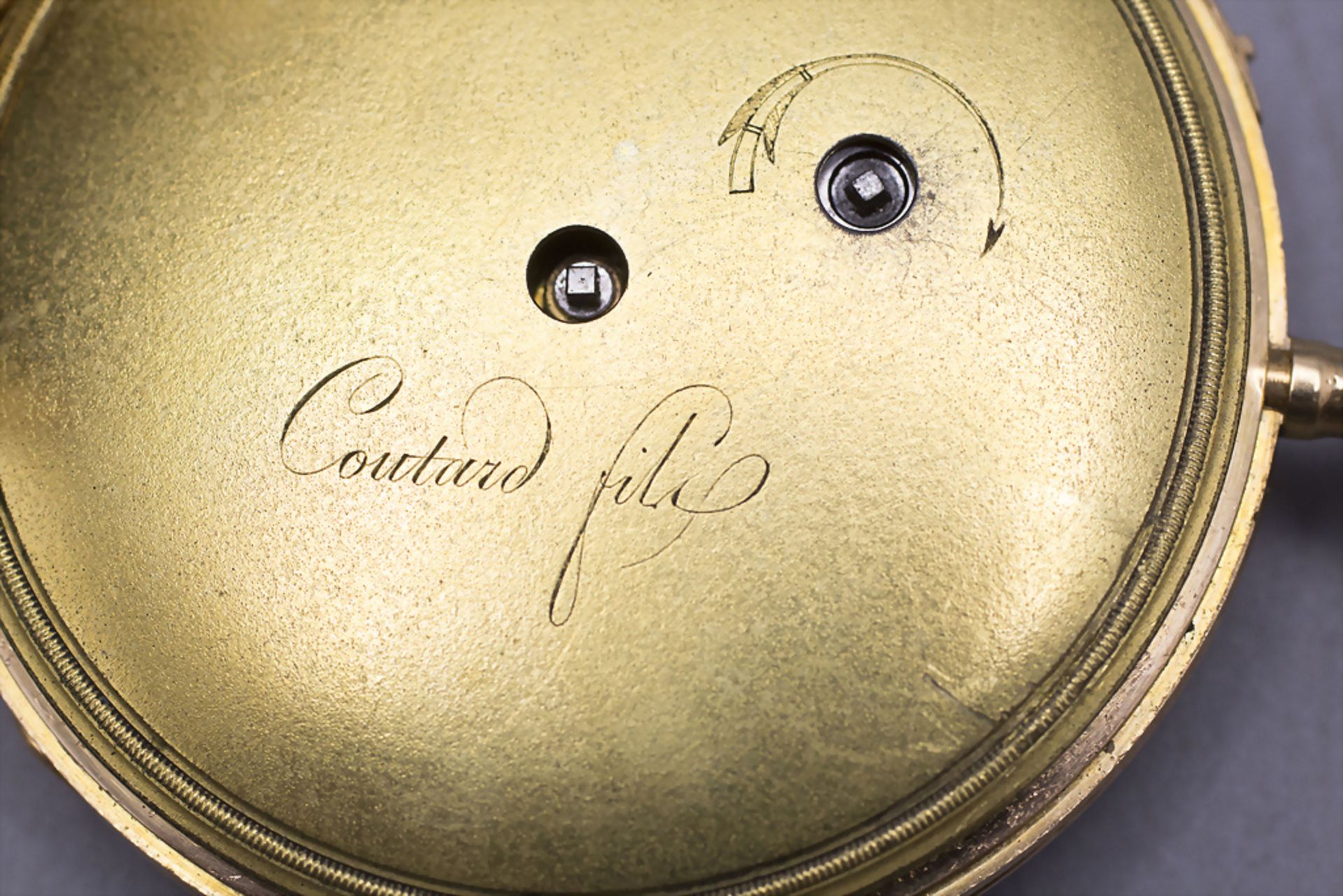 Offene Herrentaschenuhr ¼ Std.-Repetition / An 18 ct gold pocket watch, Schweiz/Swiss, um 1820 - Image 6 of 8