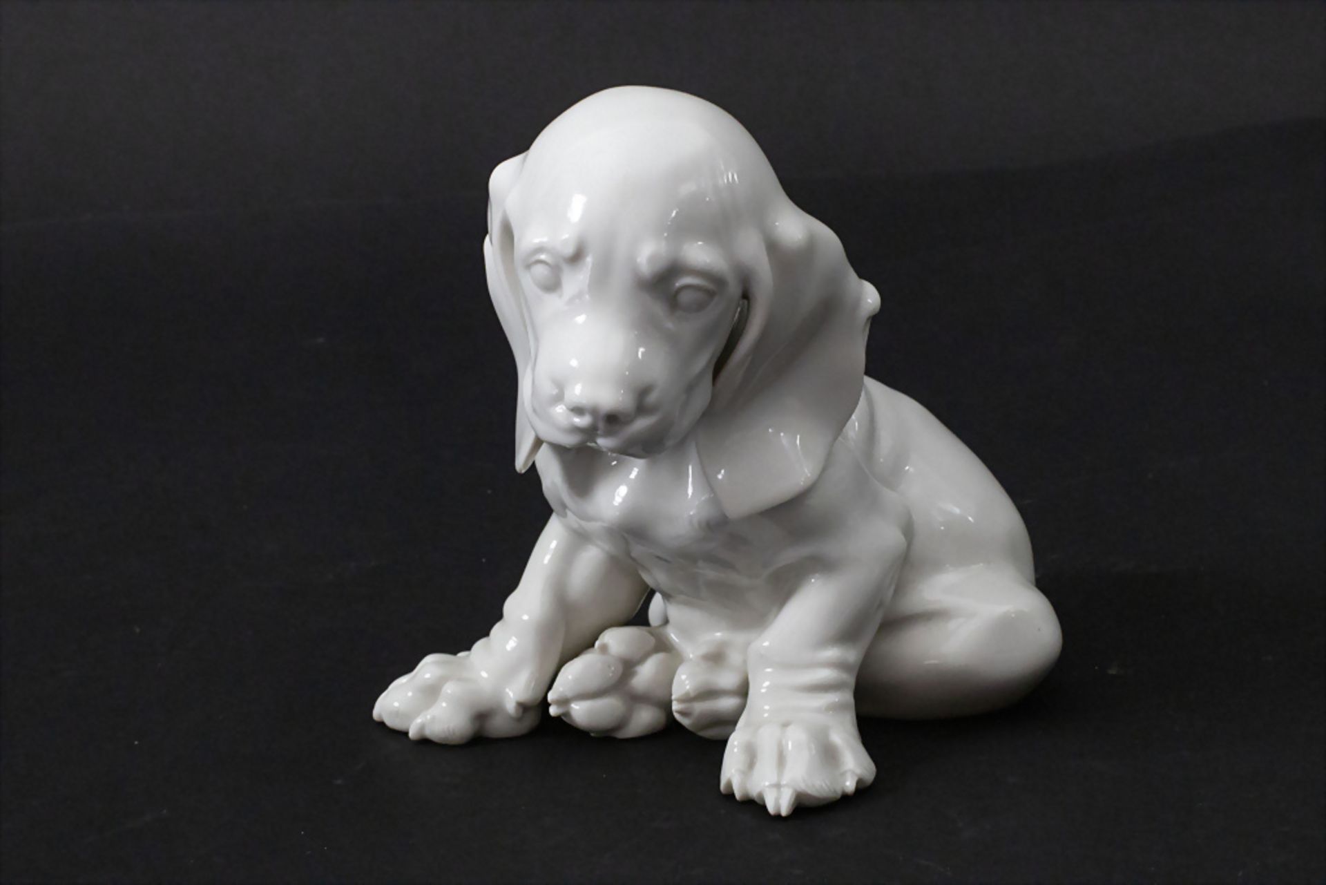 Porzellanplastik Sitzender Dackelwelpe / A figure of a sitting dachshund puppy, Theodor ...