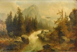 Josef THOMA (1828 - 1899). Jäger am Wasserfall, Alpen.