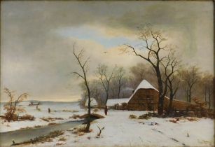 UNDEUTLICH SIGNIERT (XIX - XX). Winter, Bauernhof und Gracht.