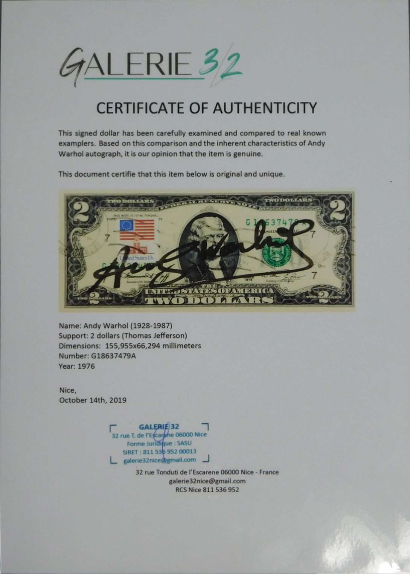 Andy WARHOL (1928 - 1987). 2 USD. Dollar. Signiert. Schwarz. - Bild 2 aus 5