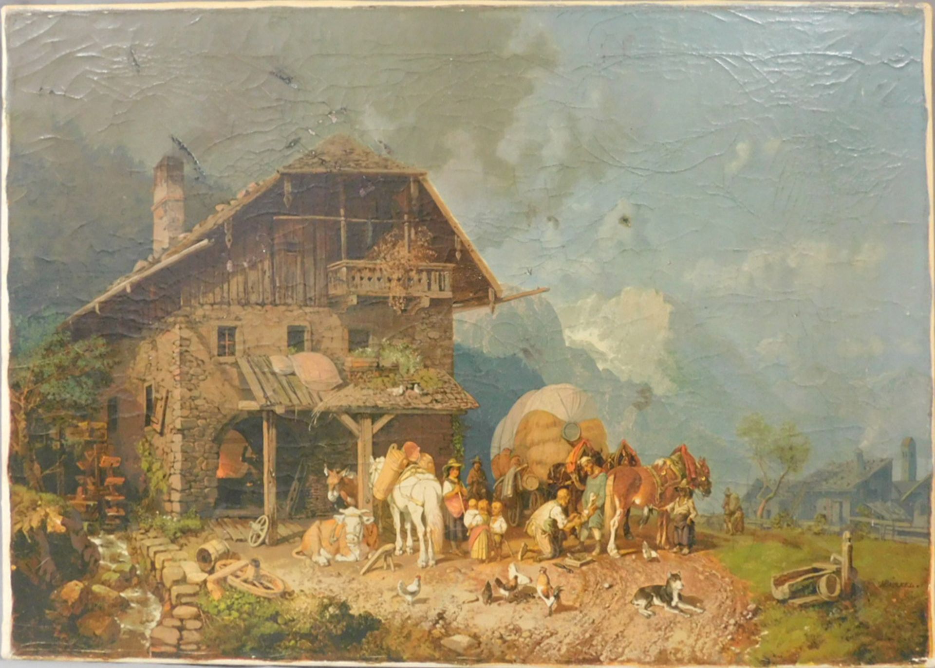 Nach Heinrich BÜRKEL (1802 - 1869). Schmiede vor dem Hochgebirge.