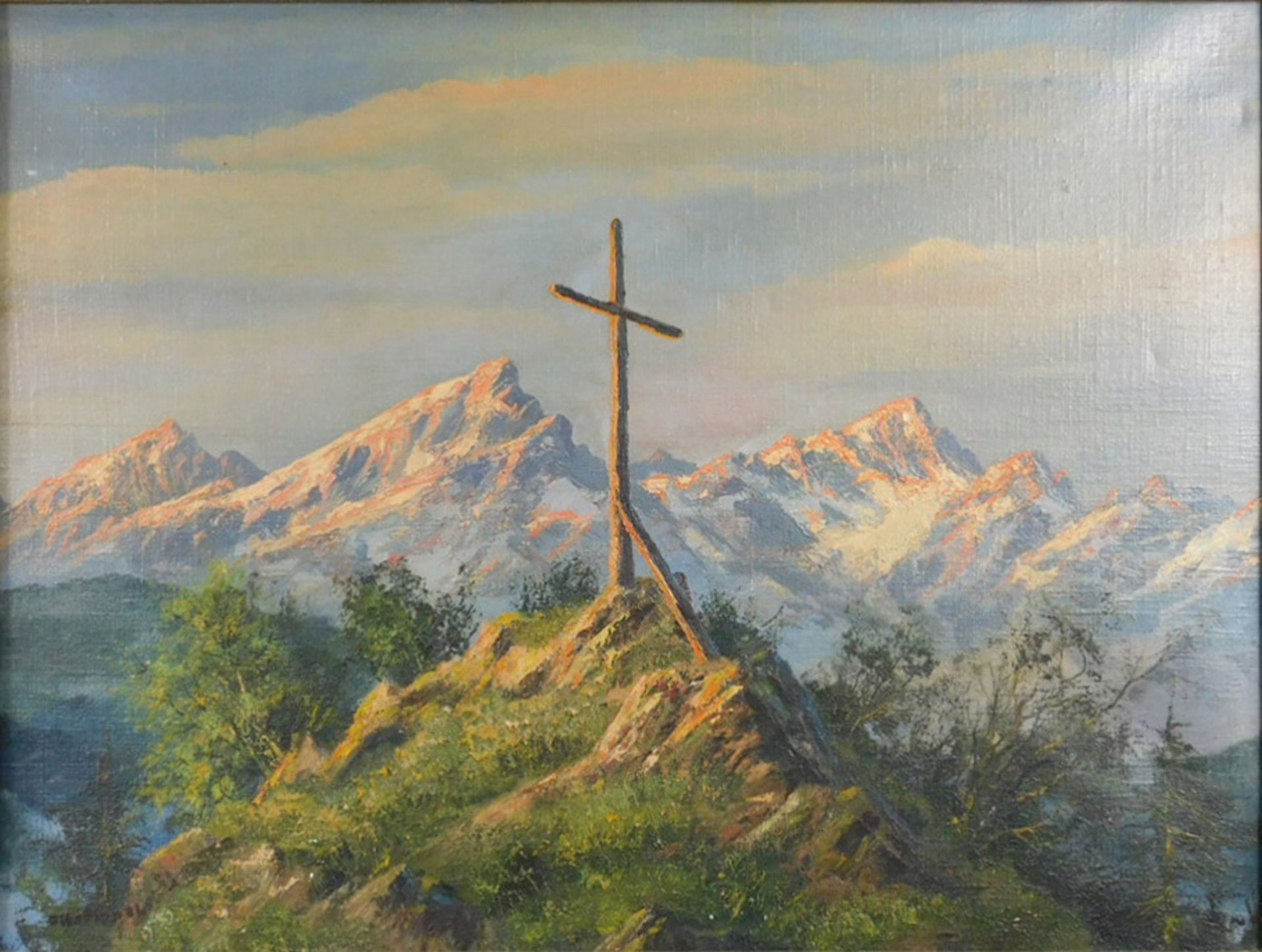 Otto PIPPEL (1878 - 1960). Gipfelkreuz vor Hochgebirge.