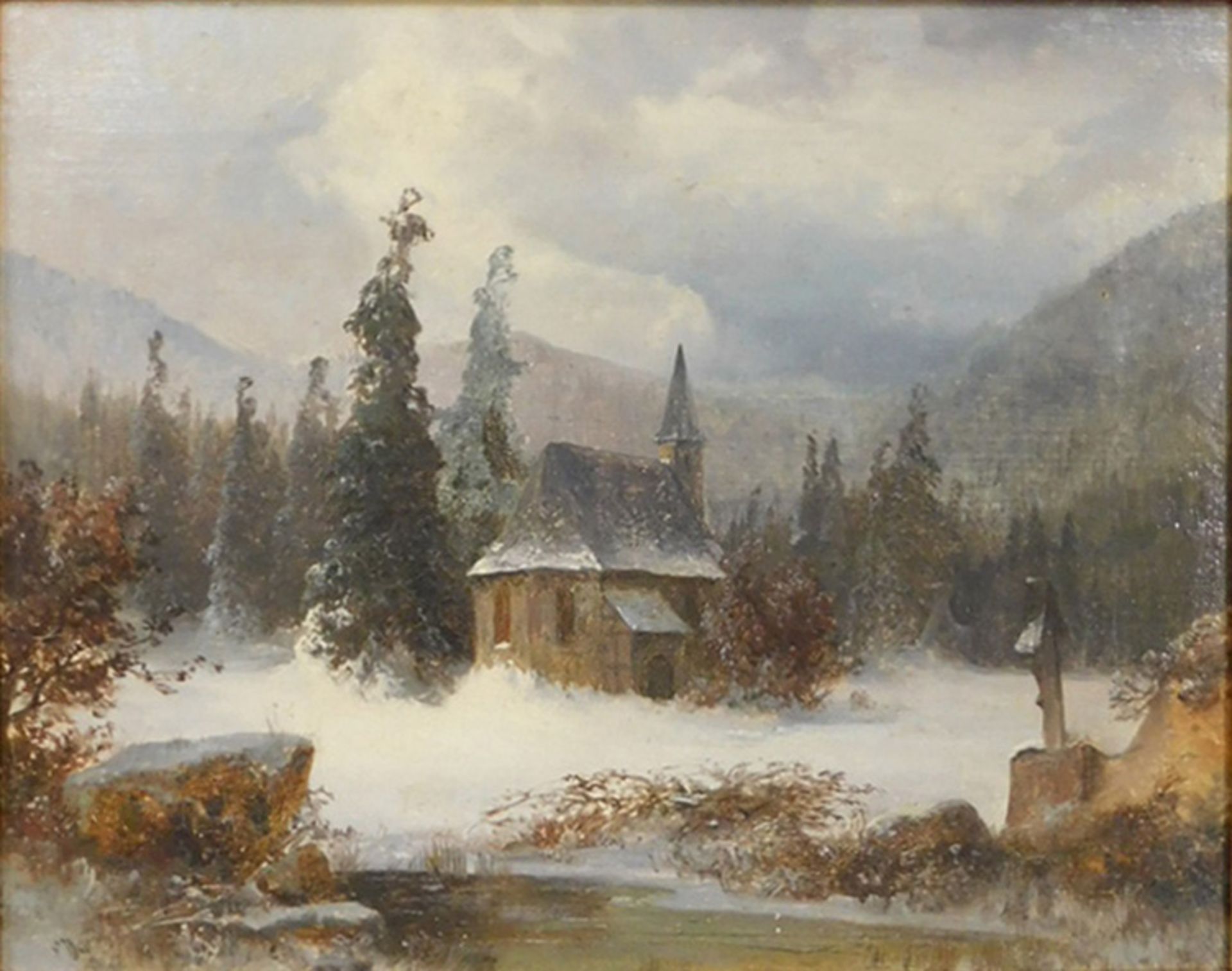 Anton DOLL (1826 - 1887) zugeschrieben. Winter. Kirche am See.