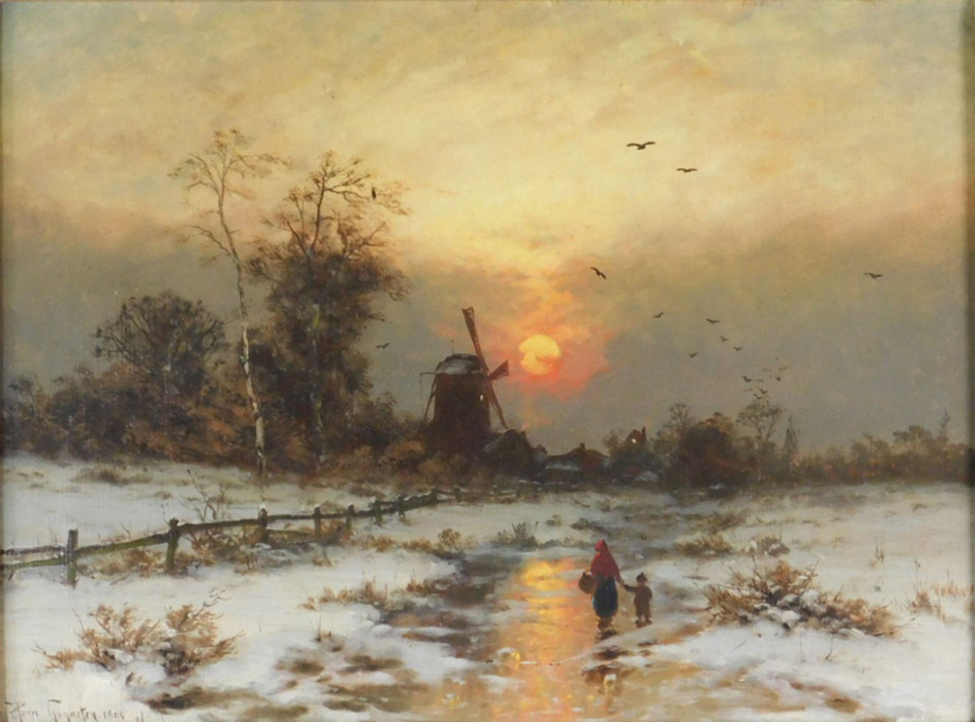 Heinrich GOGARTEN (1850 - 1911). Mutter mit Sohn vor Windmühle auf gefrorener Gracht.