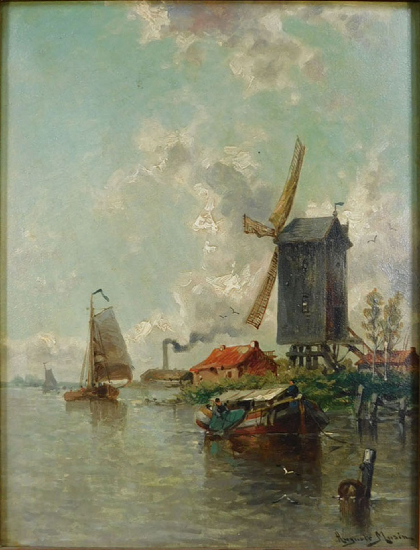 Auguste Henri MUSIN (1852 - 1923). Belebter Kanal mit Gehöft und Windmühle.