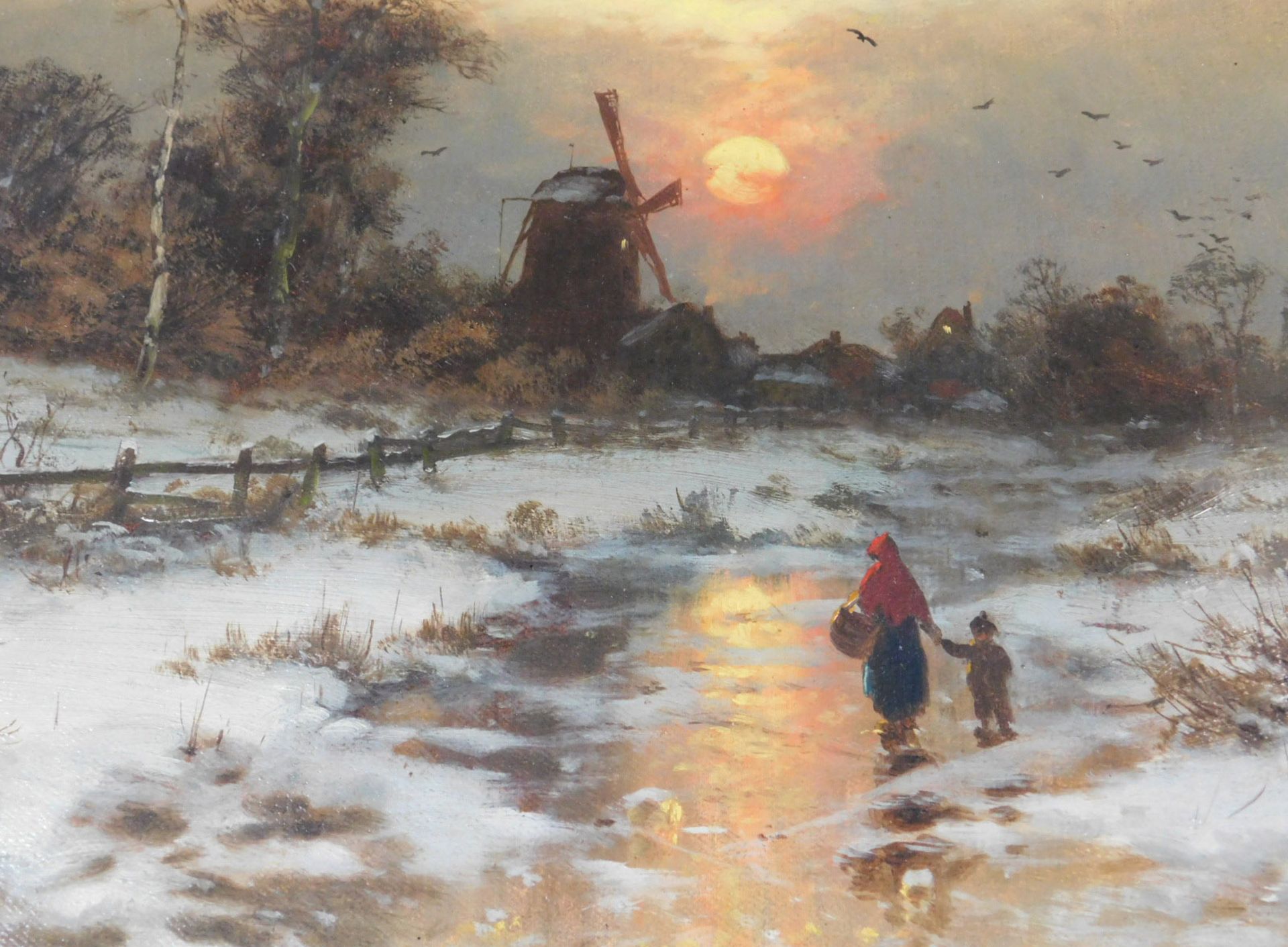 Heinrich GOGARTEN (1850 - 1911). Mutter mit Sohn vor Windmühle auf gefrorener Gracht. - Image 3 of 11