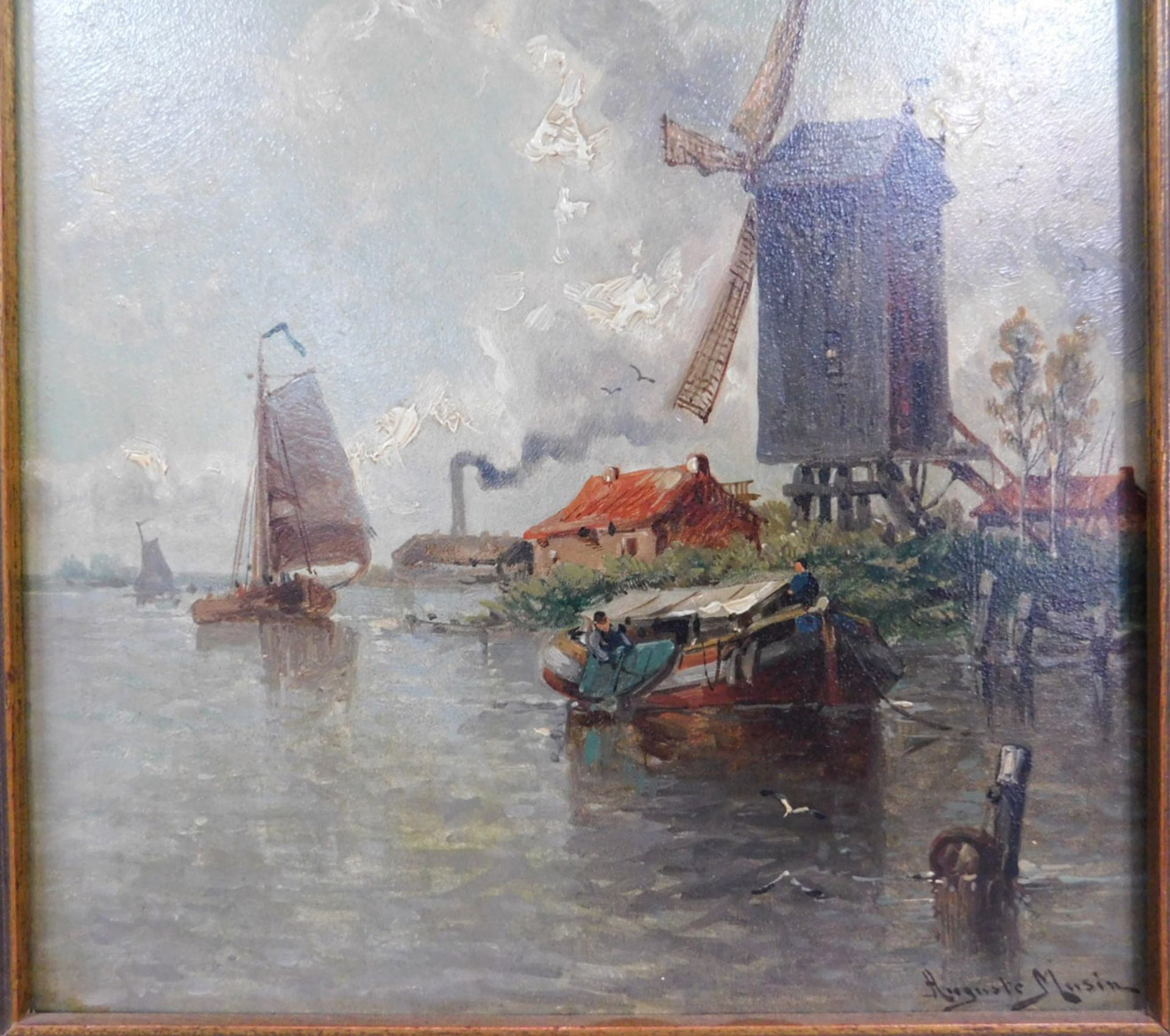 Auguste Henri MUSIN (1852 - 1923). Belebter Kanal mit Gehöft und Windmühle. - Image 6 of 9