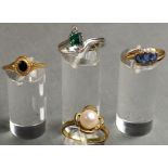 4 Ringe Gold 585 mit Steinen. Saphir, Perle, Turmalin, Diamanten.