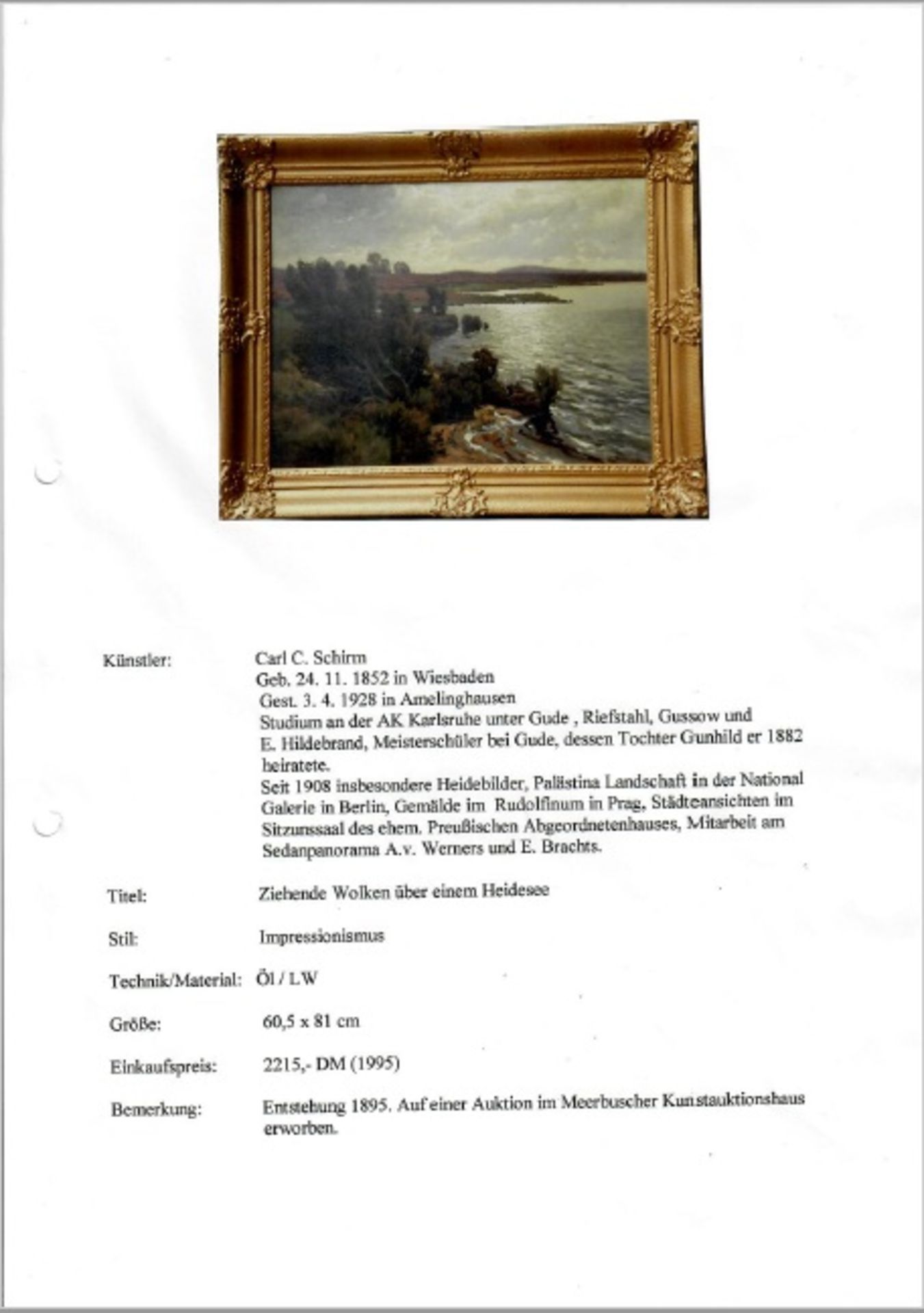 Carl C. SCHIRN (1852 - 1928). Ziehende Wolken über einem Heidesee. - Image 18 of 18