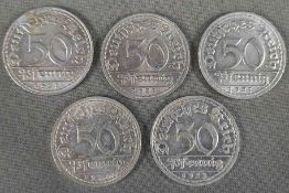 5 Aluminiummünzen 50 Pfennig.