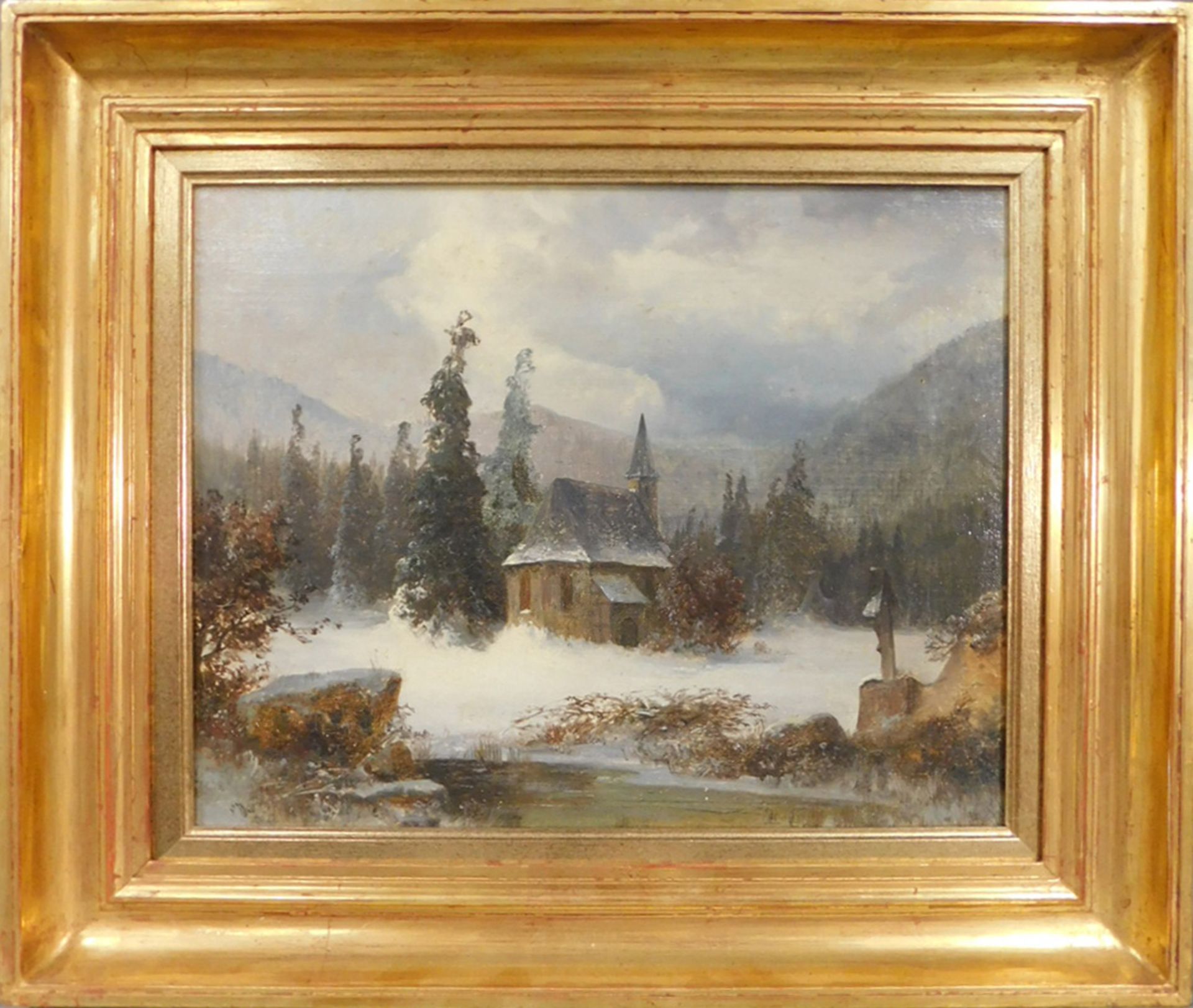 Anton DOLL (1826 - 1887) zugeschrieben. Winter. Kirche am See. - Bild 2 aus 10