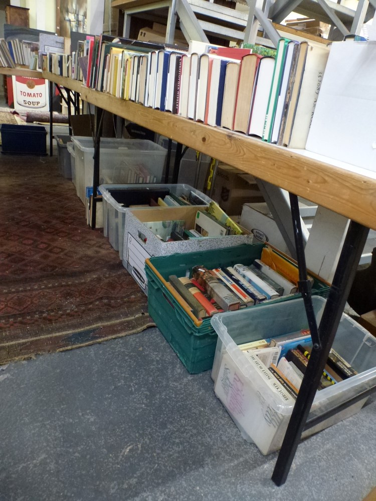 Books: on two tables and in nine boxes below, part of a library of mainly hardback books, - Image 2 of 2