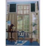 Graham Bannister, a limited edition coloured print, a sunlit interior with French windows and a