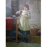 R. Rigaud, oils on canvas, cream for the cat in the basket, signed, and an oils on canvas of kittens