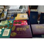 A quantity of numismatic items, including penny album (containing 1953), halfpenny album, two 1970